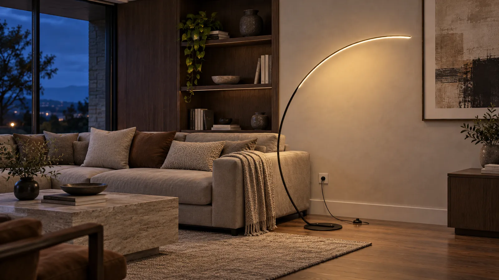 Crescent floor lamp in a warm architectural living room at blue hour