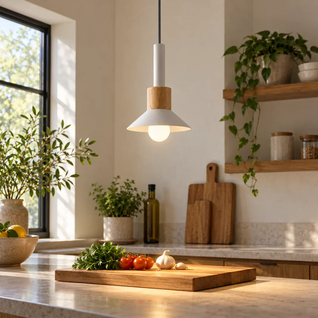 White Disk Wood Pendant Light