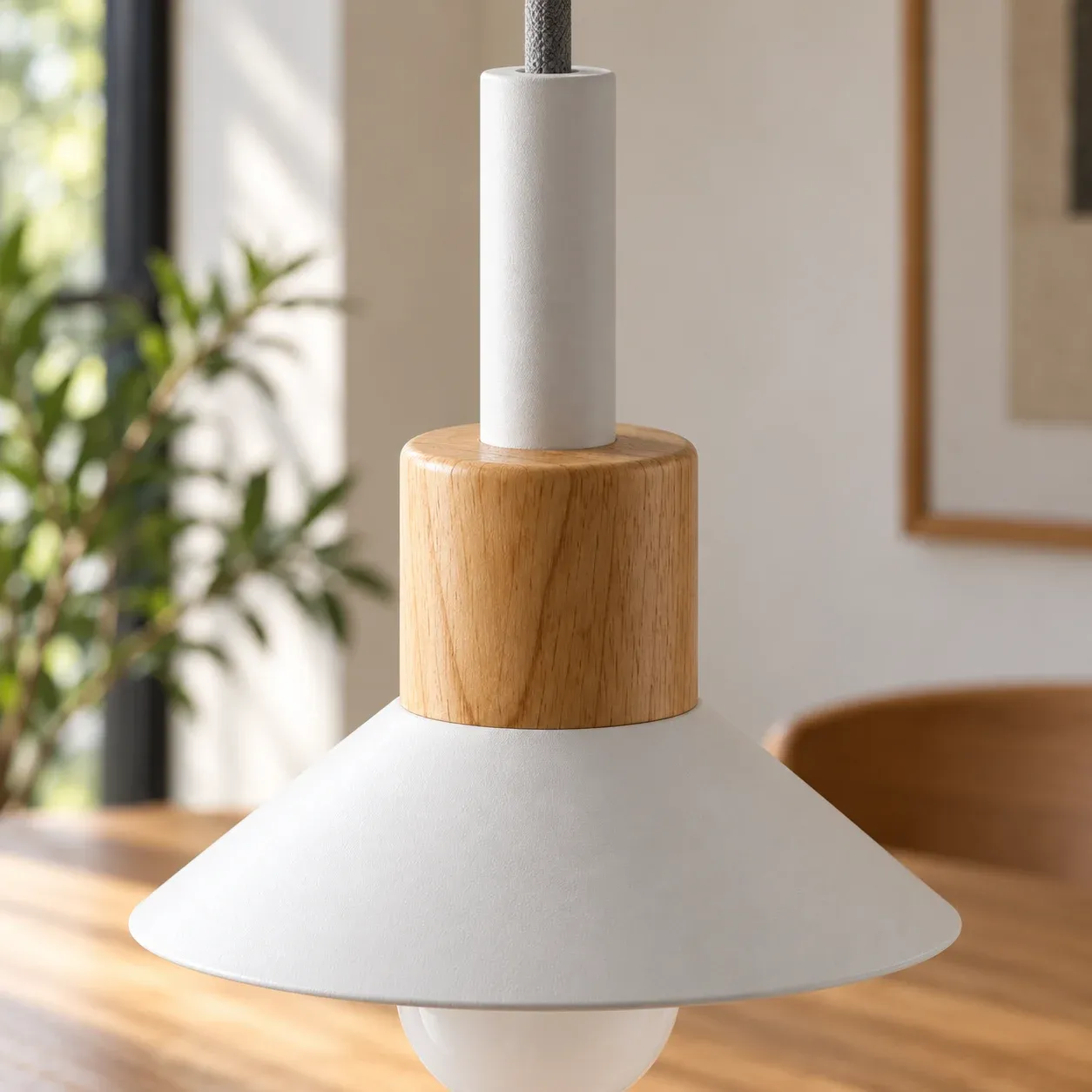 White Disk Wood Pendant Light — photograph 3