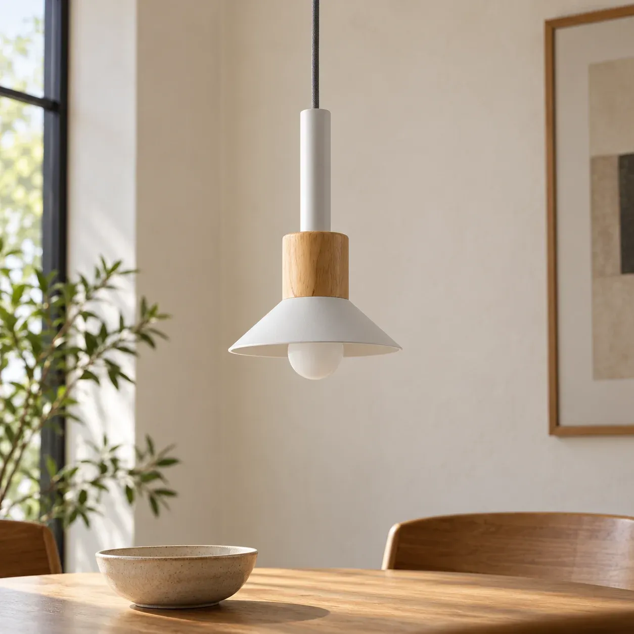 White Disk Wood Pendant Light — photograph 2
