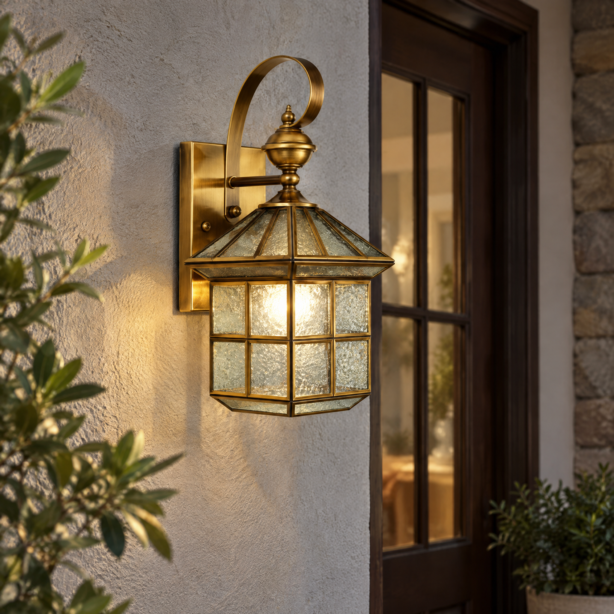 Copper lantern sconce beside a timber doorway